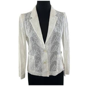 VINTAGE RicheRobe White Embroidered Mesh Leaf Print 2Button Blazer Jacket S VTG